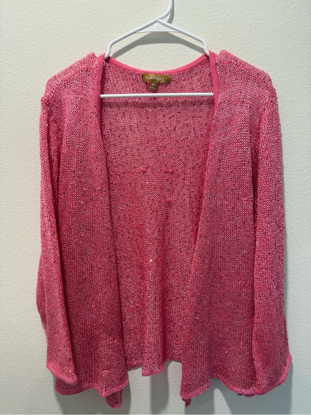Ellen Tracy Pink Sequin Open-Front Knit Cardigan